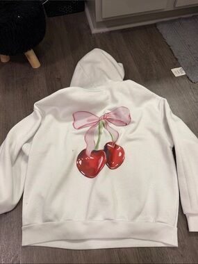 Womens White Hoodie with Cherry Bow Graphic